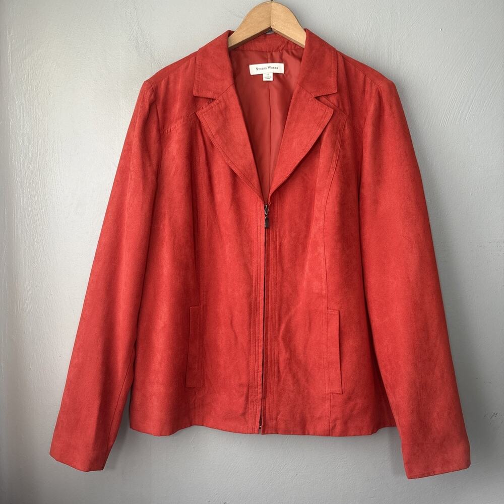 Studio Works Jacket Size 12 Burnt Orange Faux Suede Zip Front Earthy Boho Casual